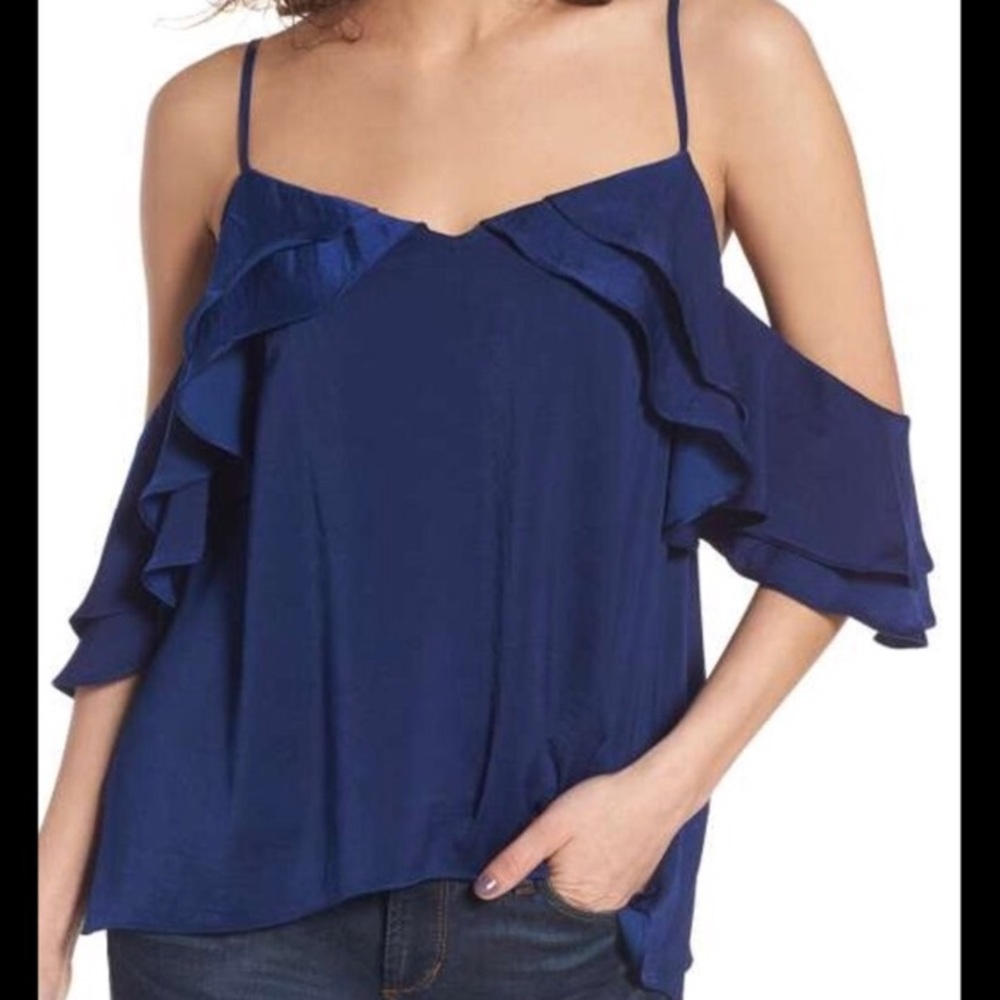 Devlin Cold Off Shoulder Ruffle Top Blue Blouse